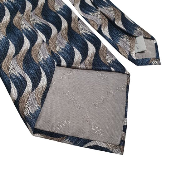 Vintage Designer Pierre Cardin Men Wavy Pattern Silk Tie Blue Silver Tan Dad - Picture 5 of 5